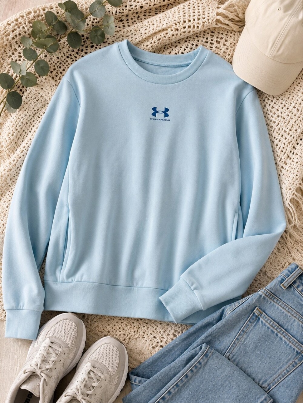 Under Armour Blue Loose Fit Crewneck Sweatshirt Pullover Pockets Medium